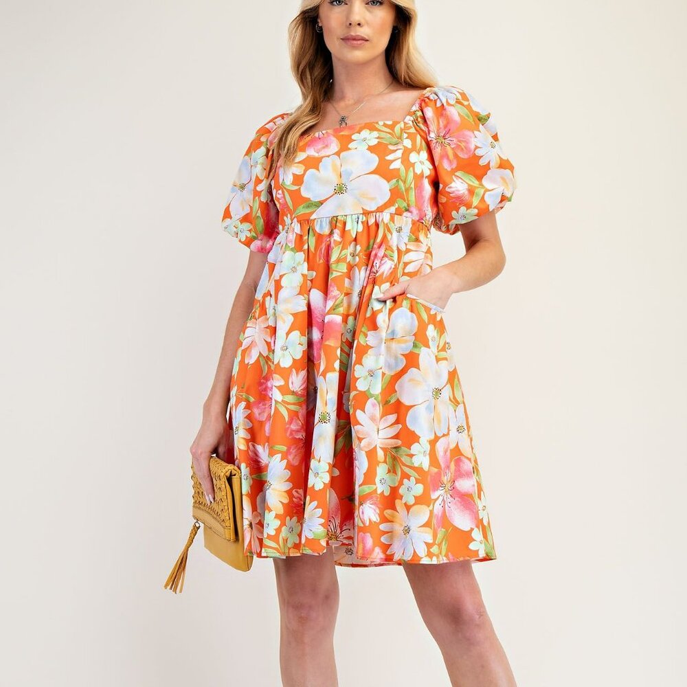 NWT Easel Tangerine Floral Poplin Smocked Dress